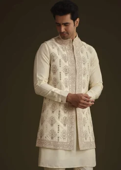 Ivory Silk Long Jacket Set With Resham And Mirror Work