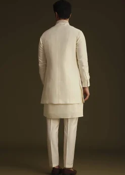 Ivory Silk Long Jacket Set With Resham And Mirror Work