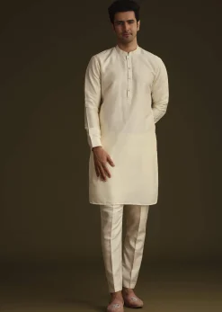 Ivory Silk Long Jacket Set With Resham And Mirror Work