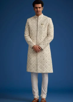 Ivory Silk Sherwani With Resham Zari And Zardosi Work