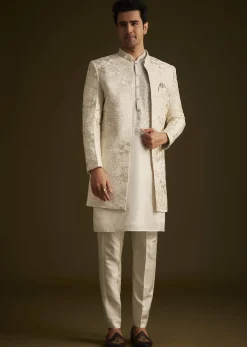 Ivory Silk Sherwani With Intricate Floral Embroidery
