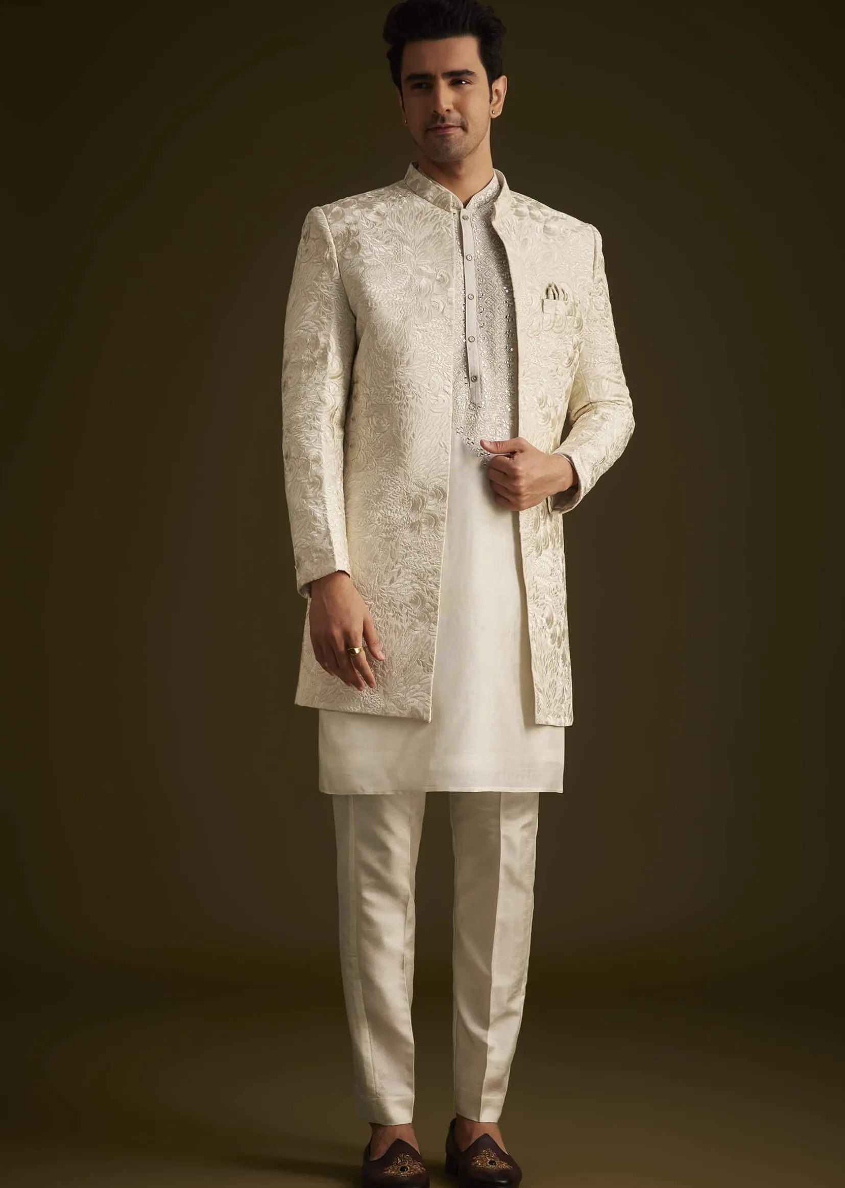 Ivory Silk Sherwani With Intricate Floral Embroidery