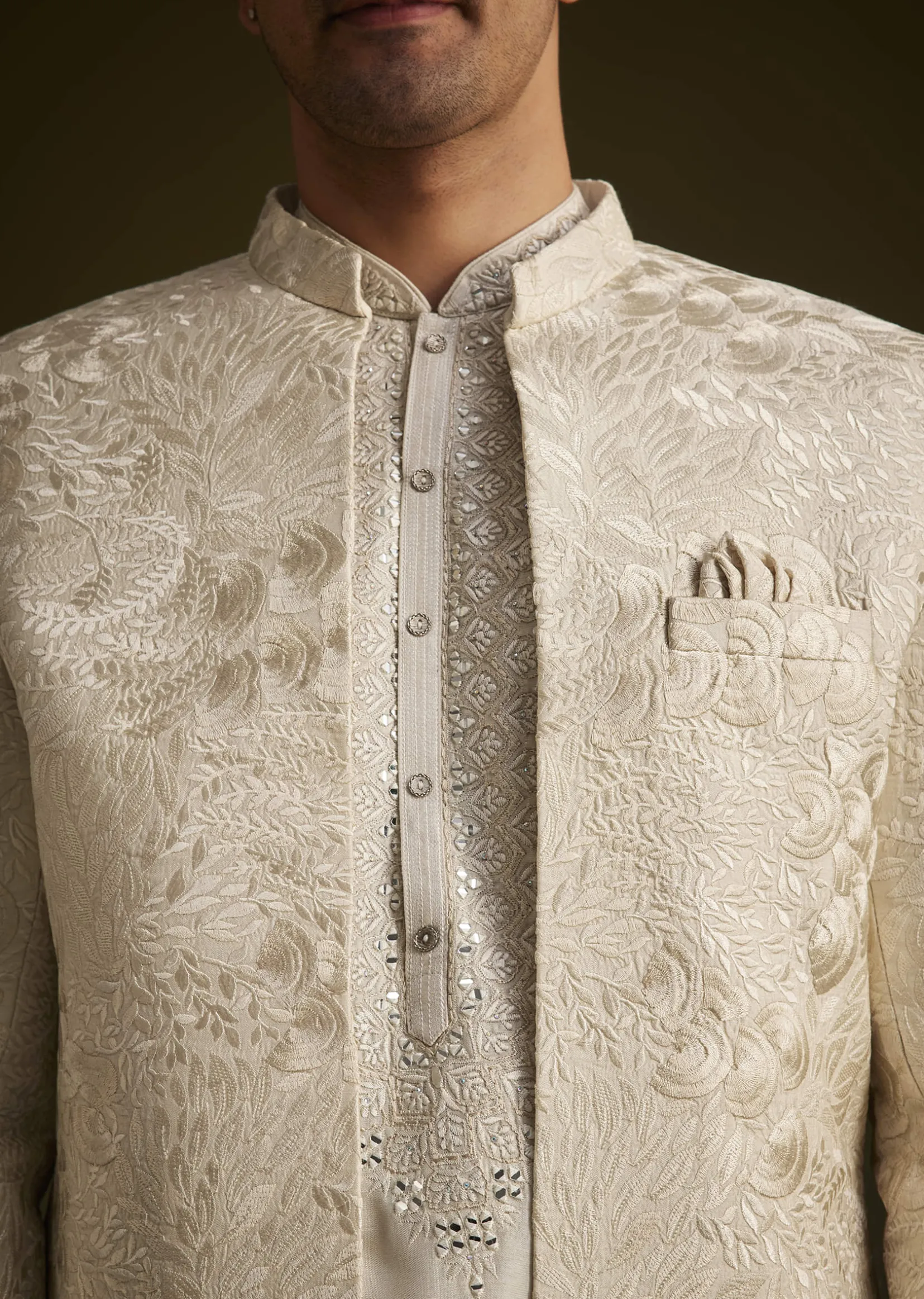 Ivory Silk Sherwani With Intricate Floral Embroidery