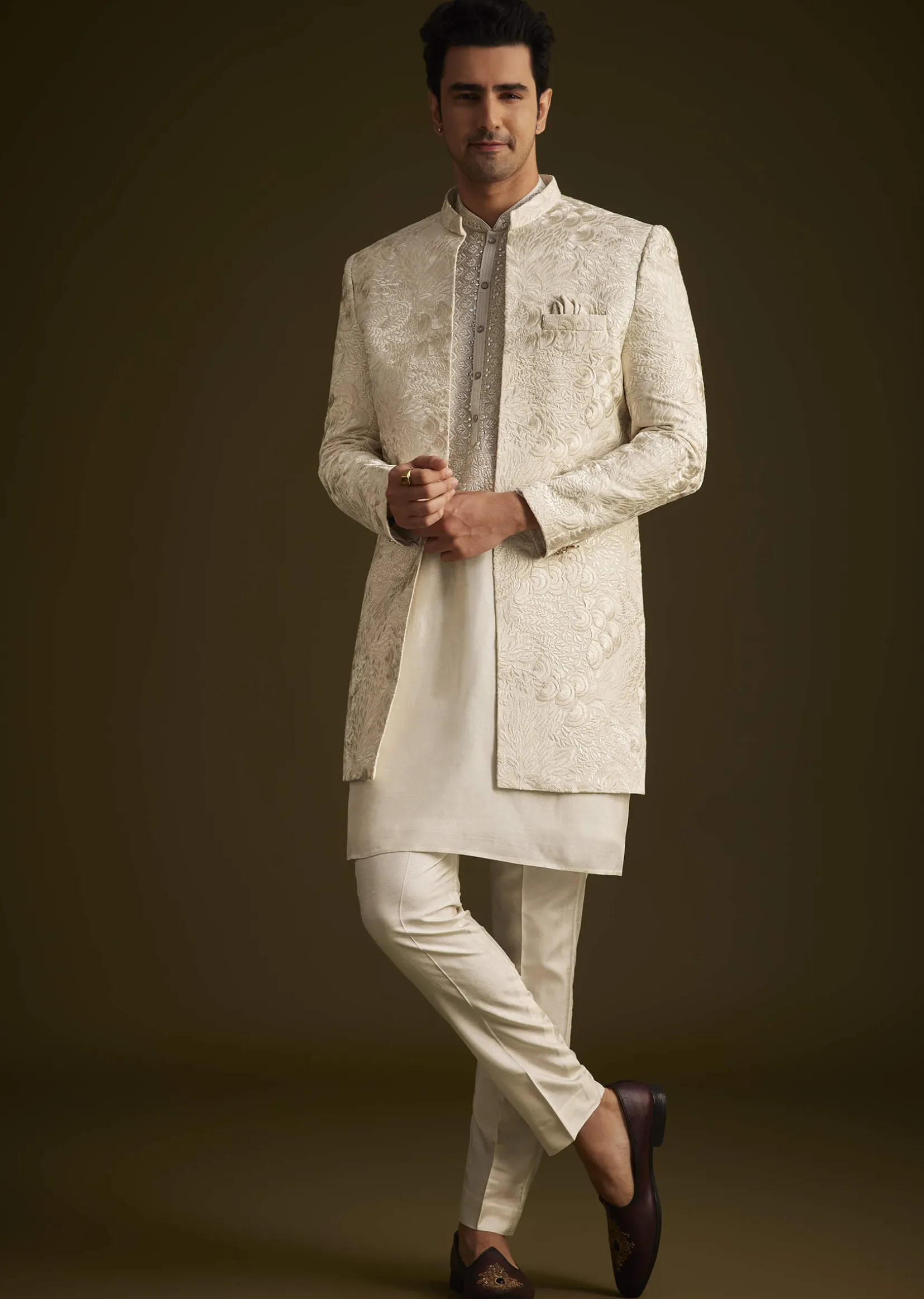 Ivory Silk Sherwani With Intricate Floral Embroidery