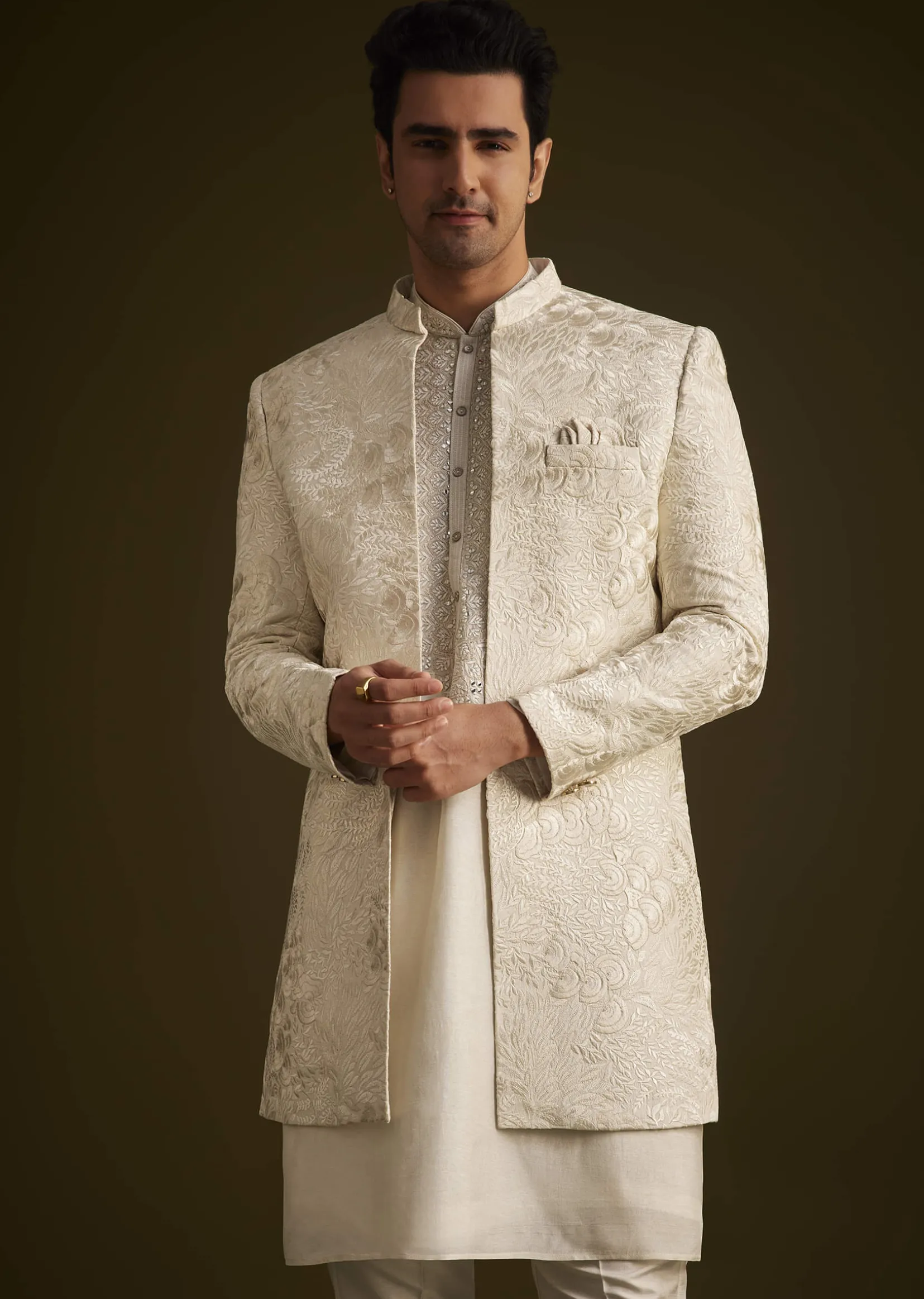 Ivory Silk Sherwani With Intricate Floral Embroidery