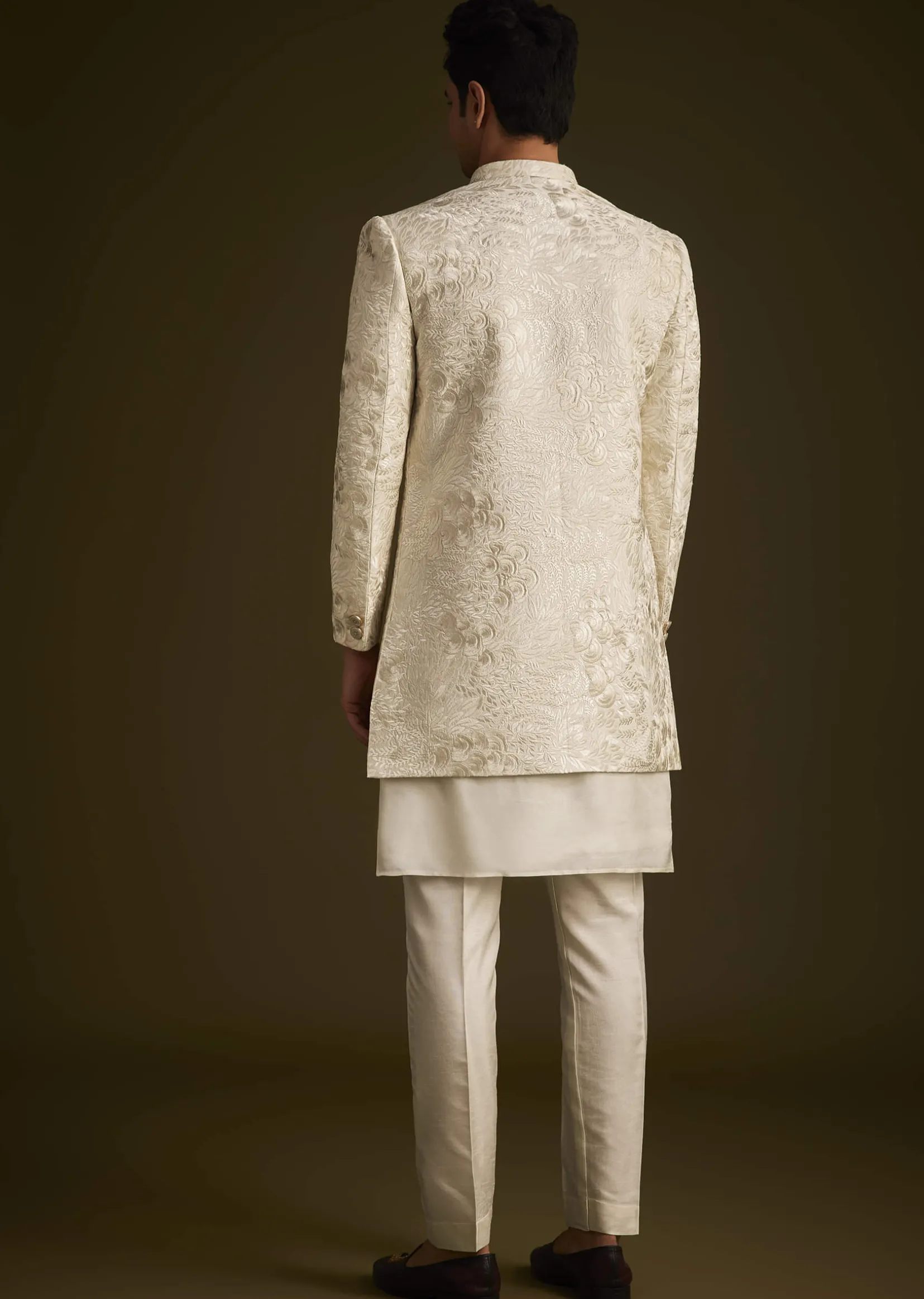 Ivory Silk Sherwani With Intricate Floral Embroidery