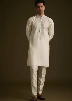 Ivory Silk Sherwani With Intricate Floral Embroidery