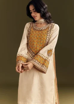 Ivory Silk Threadwork Kurta Patiala With Gotta Lace Organza Dupatta
