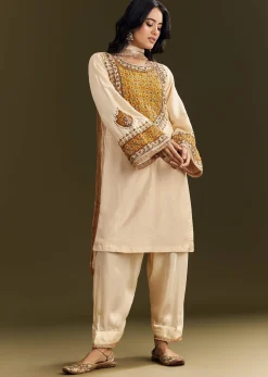 Ivory Silk Threadwork Kurta Patiala With Gotta Lace Organza Dupatta