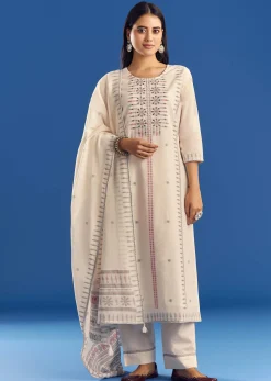 Ivory Thread Weave Mul Cotton Kurta Set With Dupatta