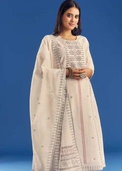 Ivory Thread Weave Mul Cotton Kurta Set With Dupatta