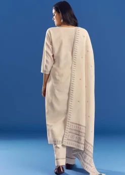 Ivory Thread Weave Mul Cotton Kurta Set With Dupatta
