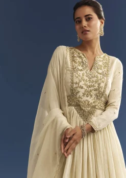Ivory Tissue Anarkali Set With Tie-Up Back And Organza Dupatta