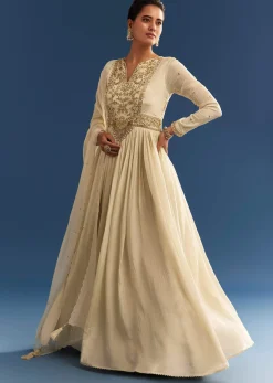 Ivory Tissue Anarkali Set With Tie-Up Back And Organza Dupatta