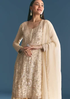 Ivory Tissue Kurta Sharara Suit With Sequins And Cut Dana Work