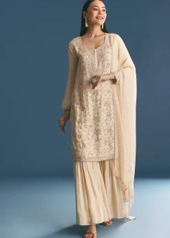 Ivory Tissue Kurta Sharara Suit With Sequins And Cut Dana Work