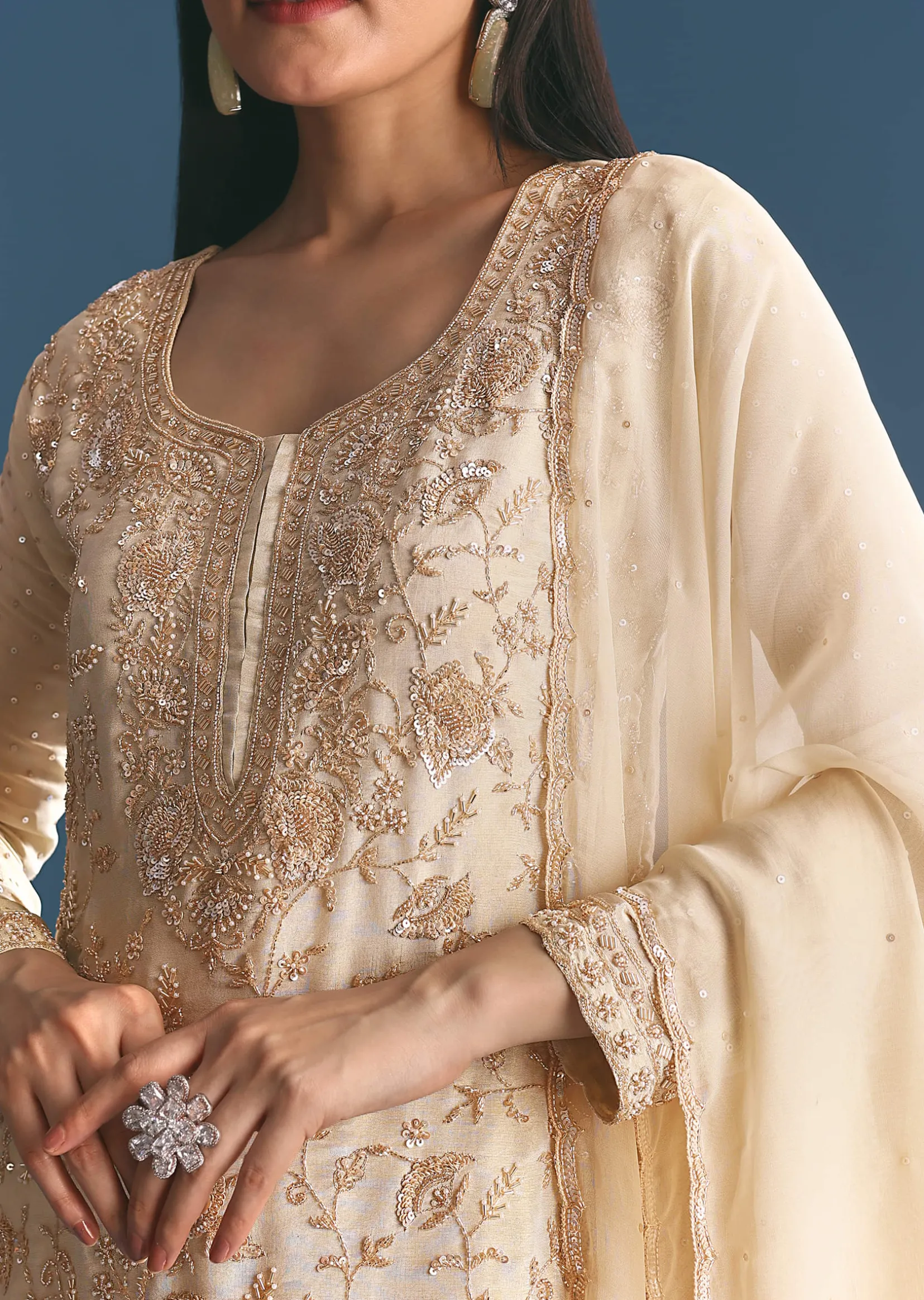 Ivory Tissue Kurta Sharara Suit With Sequins And Cut Dana Work