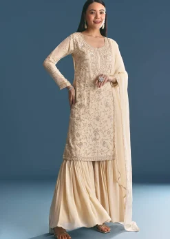 Ivory Tissue Kurta Sharara Suit With Sequins And Cut Dana Work