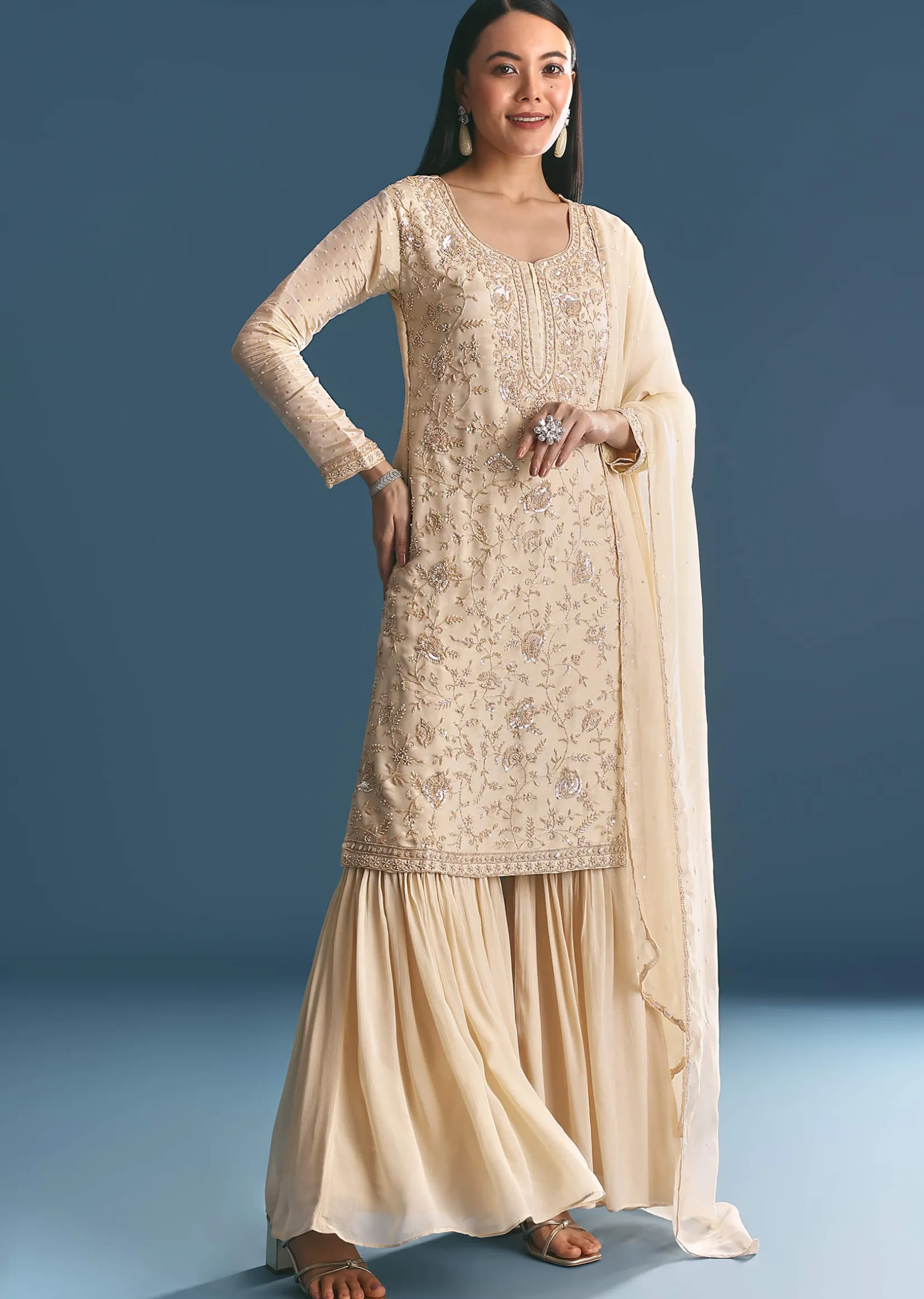 Ivory Tissue Kurta Sharara Suit With Sequins And Cut Dana Work