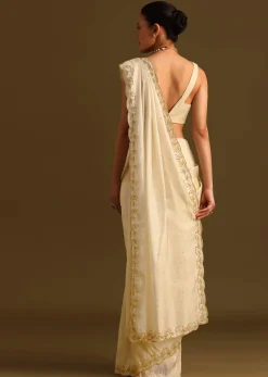 Ivory Tissue Saree With Cutdana Embroidered Border and Unstitched Blouse