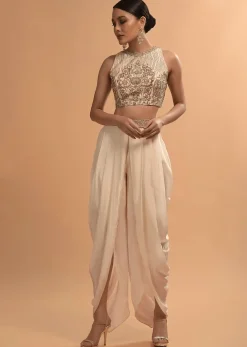 Ivory Tulip Dhoti And Crop Top Set With Embossed Floral Embroidery And High Neckline