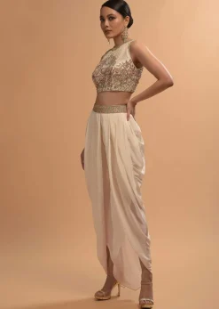 Ivory Tulip Dhoti And Crop Top Set With Embossed Floral Embroidery And High Neckline