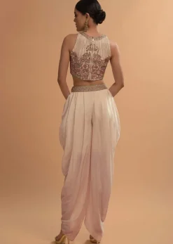 Ivory Tulip Dhoti And Crop Top Set With Embossed Floral Embroidery And High Neckline