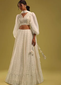 Ivory White Abala Embroidered Lehenga And Blouse Set In Georgette
