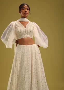 Ivory White Abala Embroidered Lehenga And Blouse Set In Georgette
