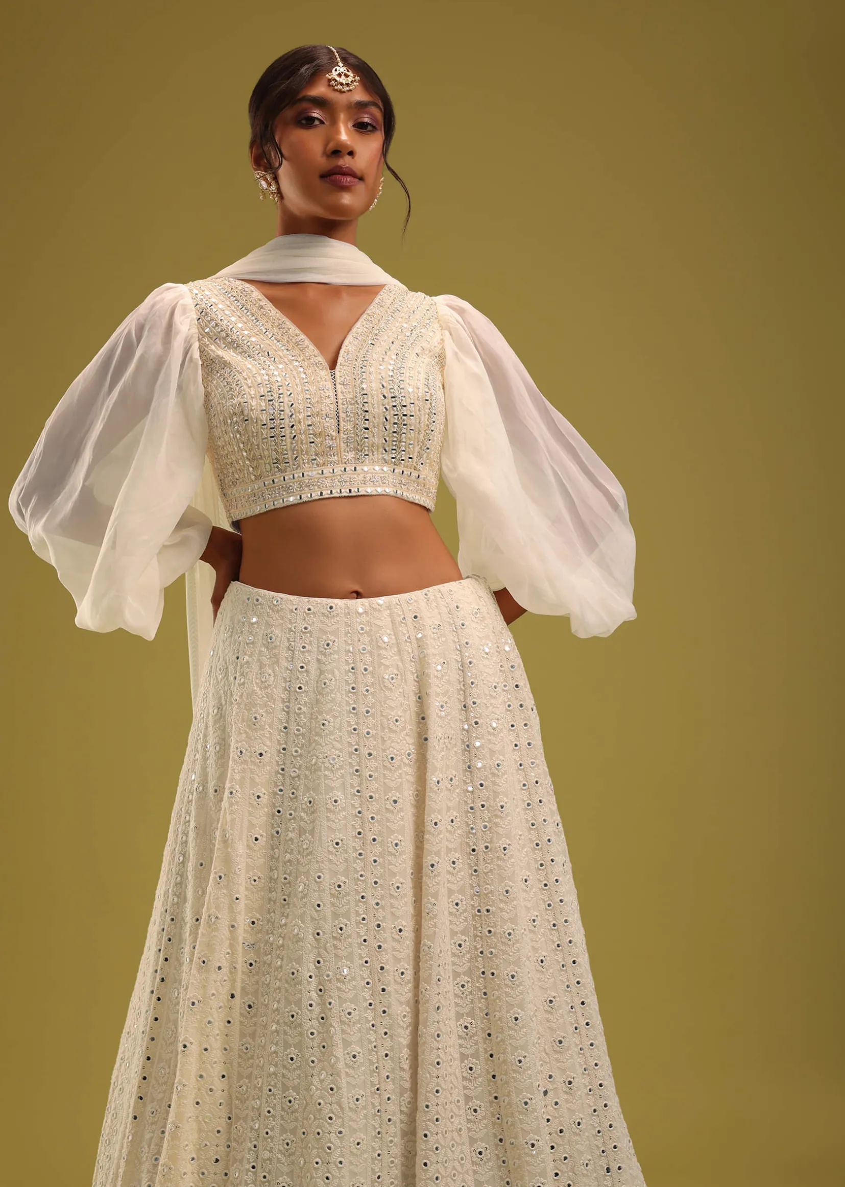 Ivory White Abala Embroidered Lehenga And Blouse Set In Georgette