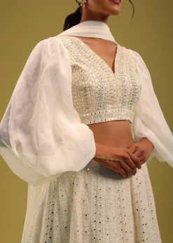 Ivory White Abala Embroidered Lehenga And Blouse Set In Georgette