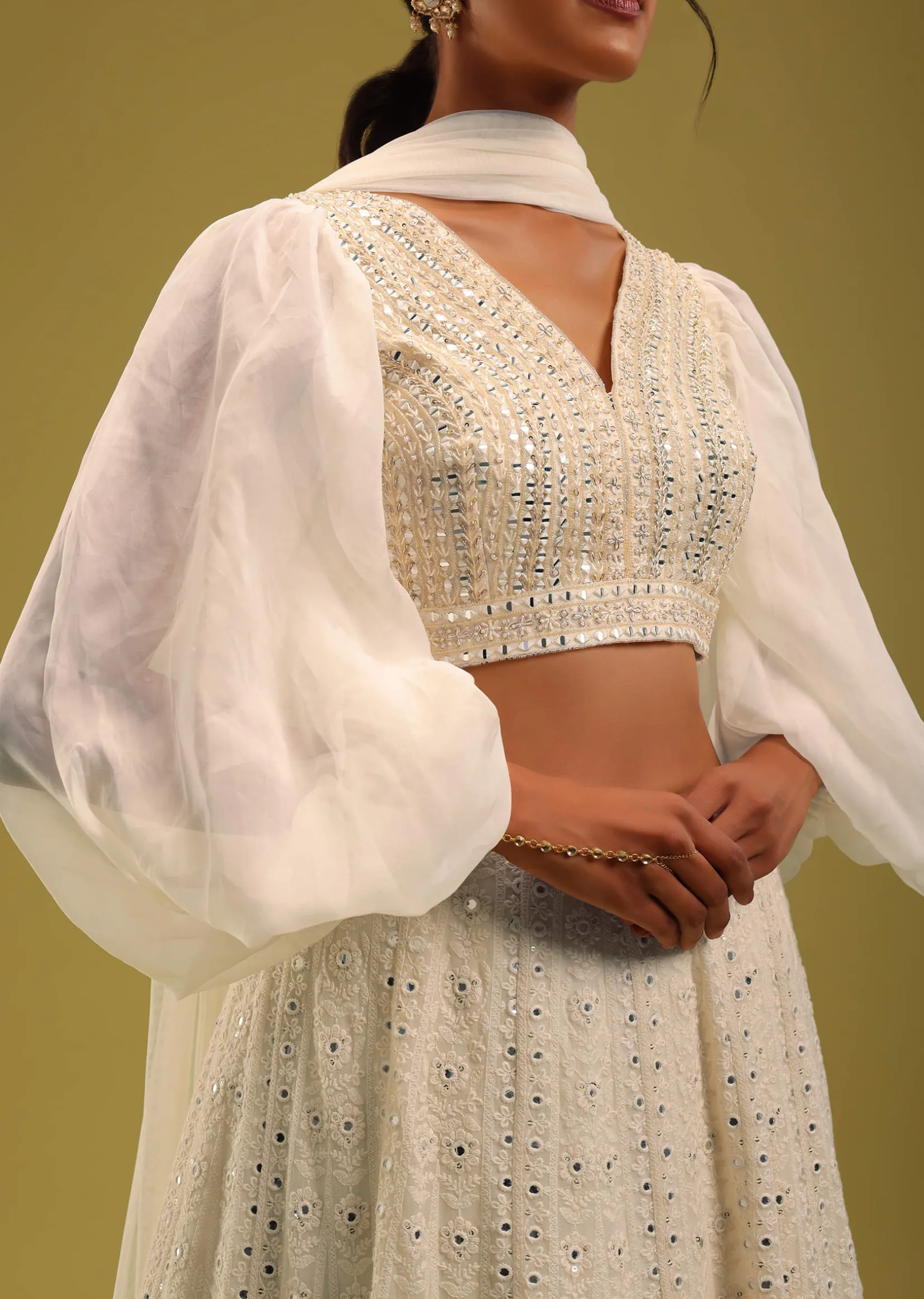 Ivory White Abala Embroidered Lehenga And Blouse Set In Georgette