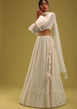 Ivory White Abala Embroidered Lehenga And Blouse Set In Georgette