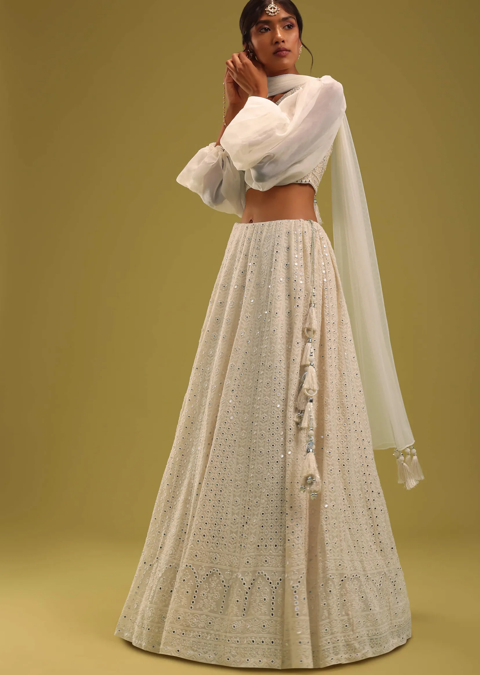 Ivory White Abala Embroidered Lehenga And Blouse Set In Georgette