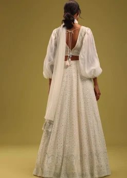 Ivory White Abala Embroidered Lehenga And Blouse Set In Georgette