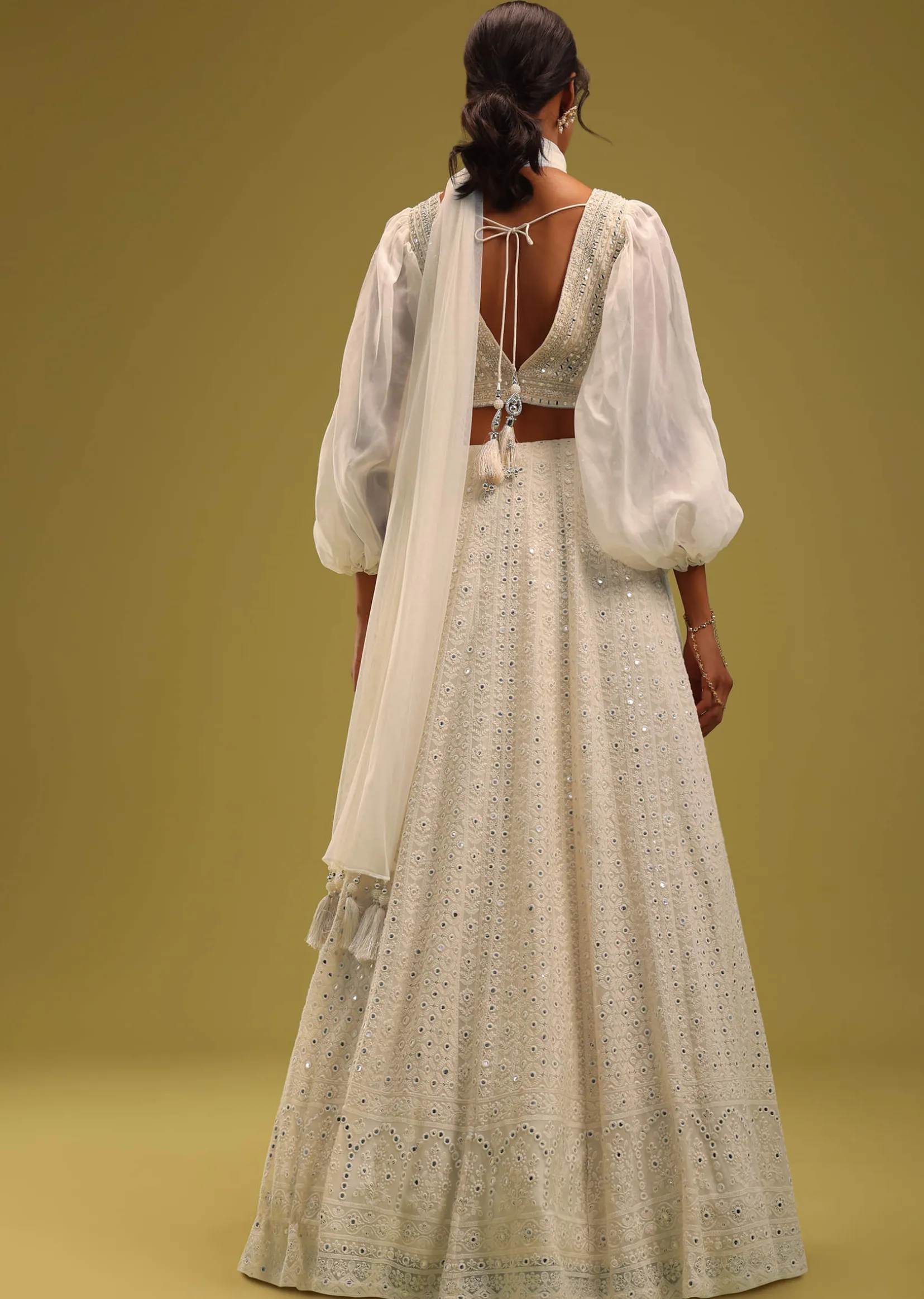 Ivory White Abala Embroidered Lehenga And Blouse Set In Georgette