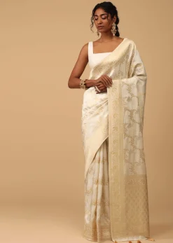 Ivory White Dola Silk Saree With Silver And Gold Jaal Embroidery In Floral Pattern