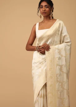 Ivory White Dola Silk Saree With Silver And Gold Jaal Embroidery In Floral Pattern