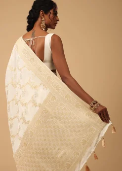 Ivory White Dola Silk Saree With Silver And Gold Jaal Embroidery In Floral Pattern