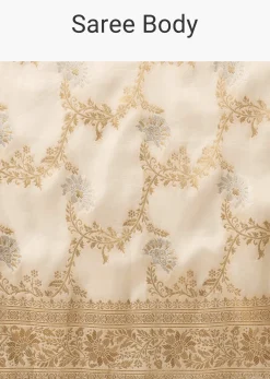 Ivory White Dola Silk Saree With Silver And Gold Jaal Embroidery In Floral Pattern
