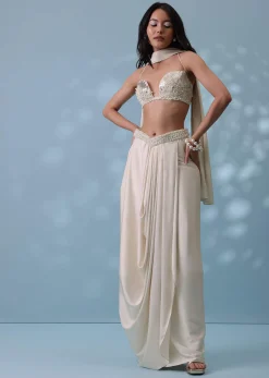 Ivory White Embroidered Drape Skirt And Bustier Top In Milano Satin