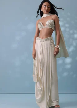 Ivory White Embroidered Drape Skirt And Bustier Top In Milano Satin
