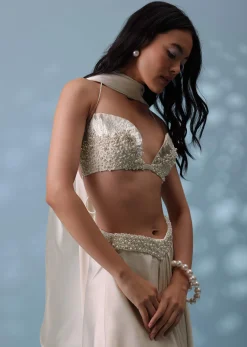 Ivory White Embroidered Drape Skirt And Bustier Top In Milano Satin
