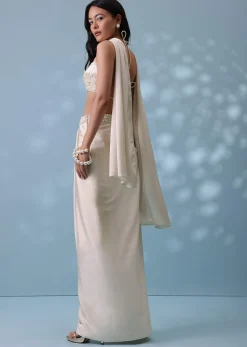 Ivory White Embroidered Drape Skirt And Bustier Top In Milano Satin