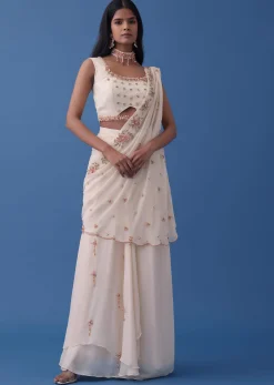 Ivory White Embroidered Indowestern Set With Pre-Draped Dupatta In Georgette