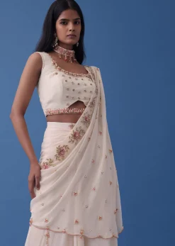 Ivory White Embroidered Indowestern Set With Pre-Draped Dupatta In Georgette