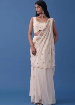 Ivory White Embroidered Indowestern Set With Pre-Draped Dupatta In Georgette