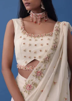 Ivory White Embroidered Indowestern Set With Pre-Draped Dupatta In Georgette