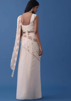 Ivory White Embroidered Indowestern Set With Pre-Draped Dupatta In Georgette