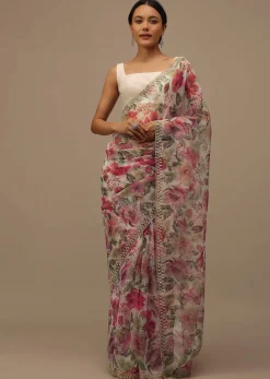 Ivory White Embroidered Organza Saree With Floral Print And Scallop Borders